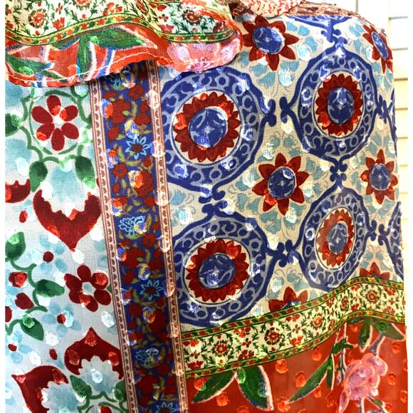 ZARA Boho Ruffled Neckline Swiss Dot Chiffon Patchwork Print Blouse Size Small - Picture 5 of 9